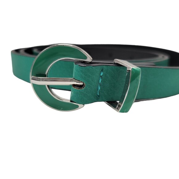 Kenneth Cole Reaction Green Leather Skinny Belt With Silver Enamel Buckle Fits 3 - Picture 2 of 7
